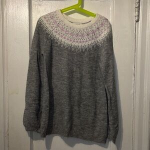 Girls' Gray Fair Isle Yoke Crewneck Sweater - Aspen
